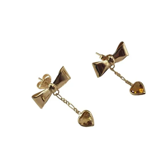 14K Yellow Gold Bow Dangle Earrings #16387